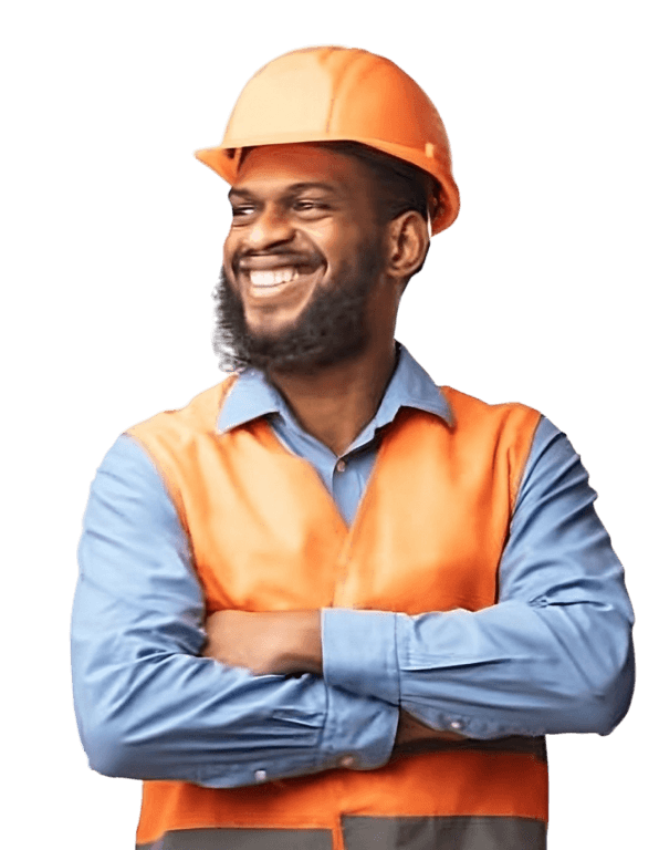 A construction worker smiling into the distance wearing a high visibility vest and an orange hard hat.